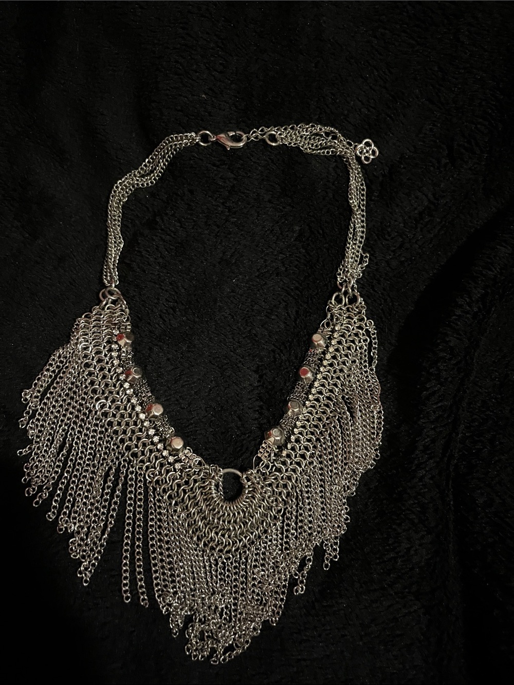 Silver Multi-Chain Fringe Necklace with Accented Beads